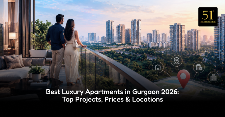 Luxury apartment towers in Gurgaon with landscaped grounds and skyline views