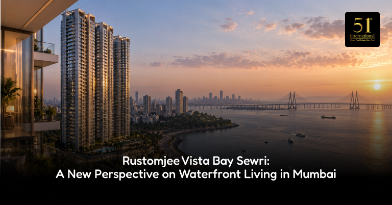 Rustomjee Vista Bay Sewri residential towers with waterfront view of Eastern Seaboard and Atal Setu, Mumbai