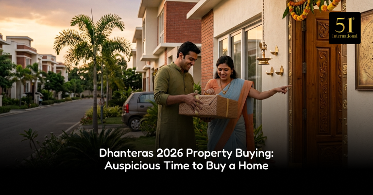 Dhanteras 2026 festive banner with diyas and a luxury apartment tower for buying property in Gurgaon